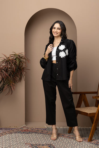 Black Cotton Shirt with Pants Coord Set (Set of 2) Stylish and Comfortable Casual Wear for Effortless Style