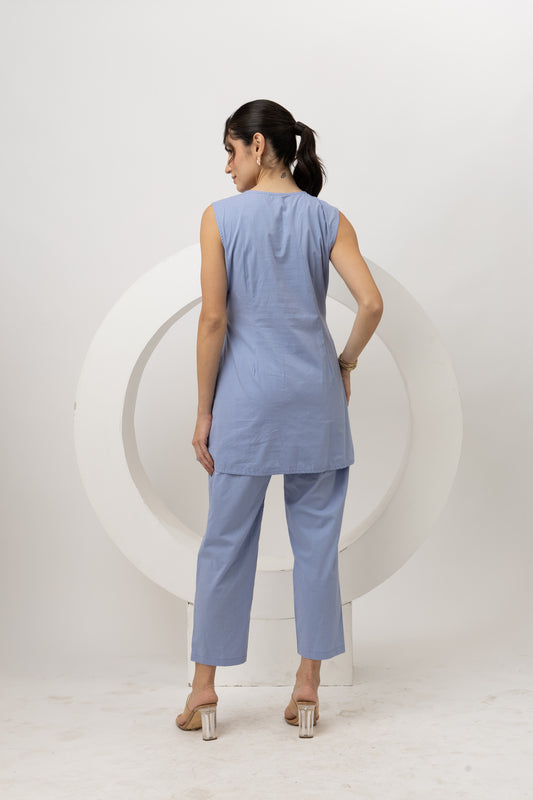 Sky Blue Solid Cotton Top with Pants Set - Comfortable & Stylish Two-Piece Outfit