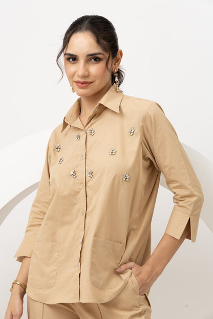 Beige cotton crystal embroidered coords (set of 2)