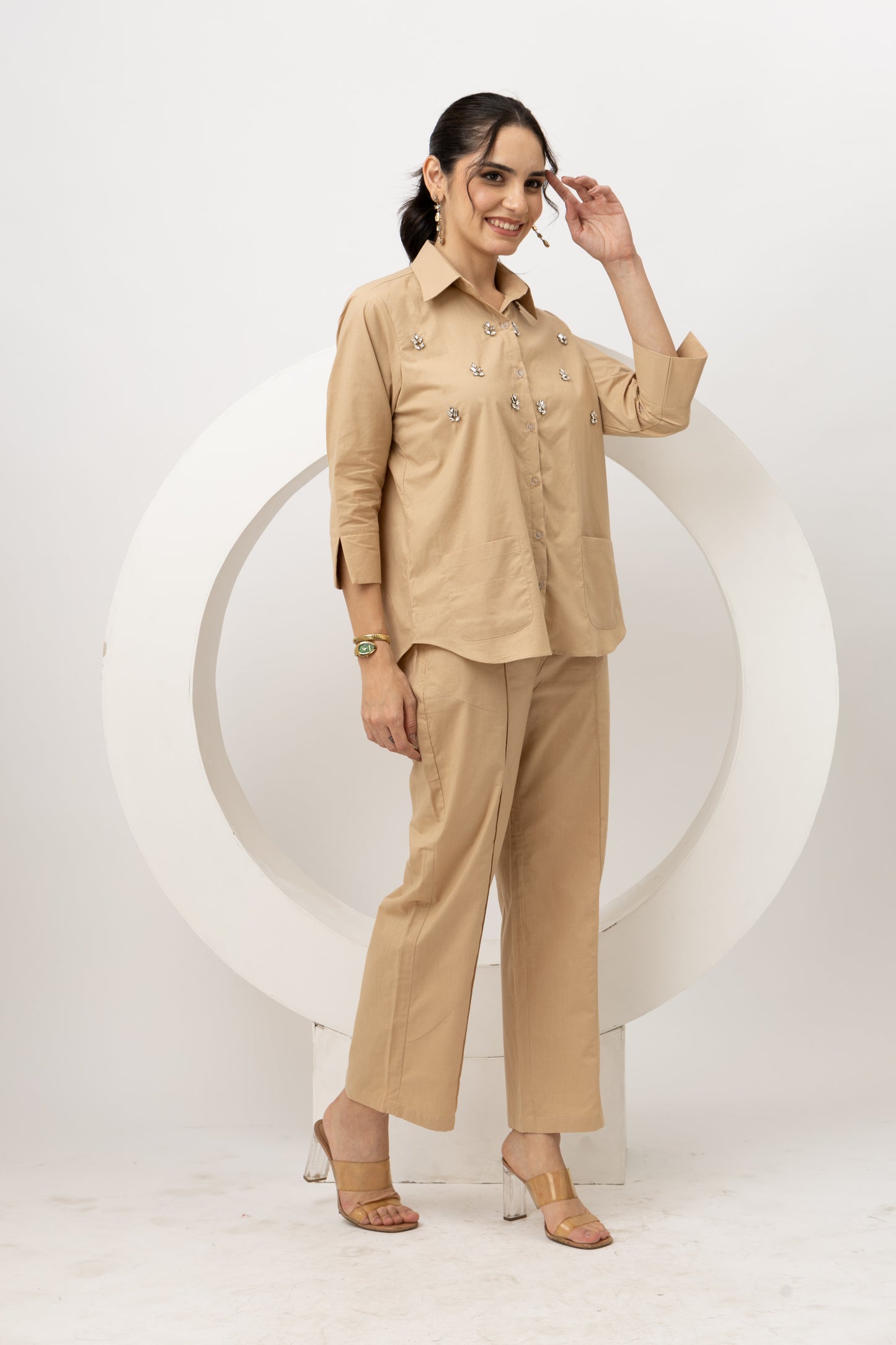 Beige cotton crystal embroidered coords (set of 2)