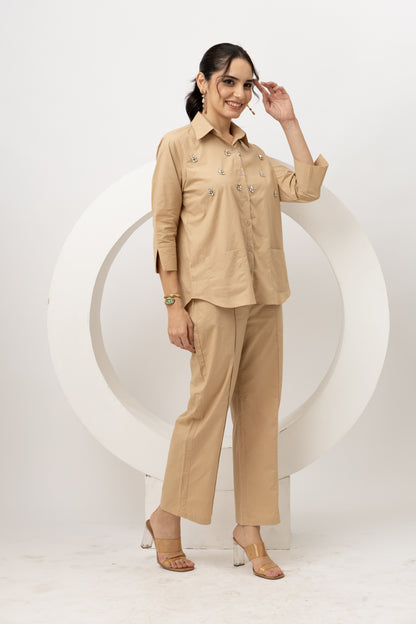 Beige cotton crystal embroidered coords (set of 2)