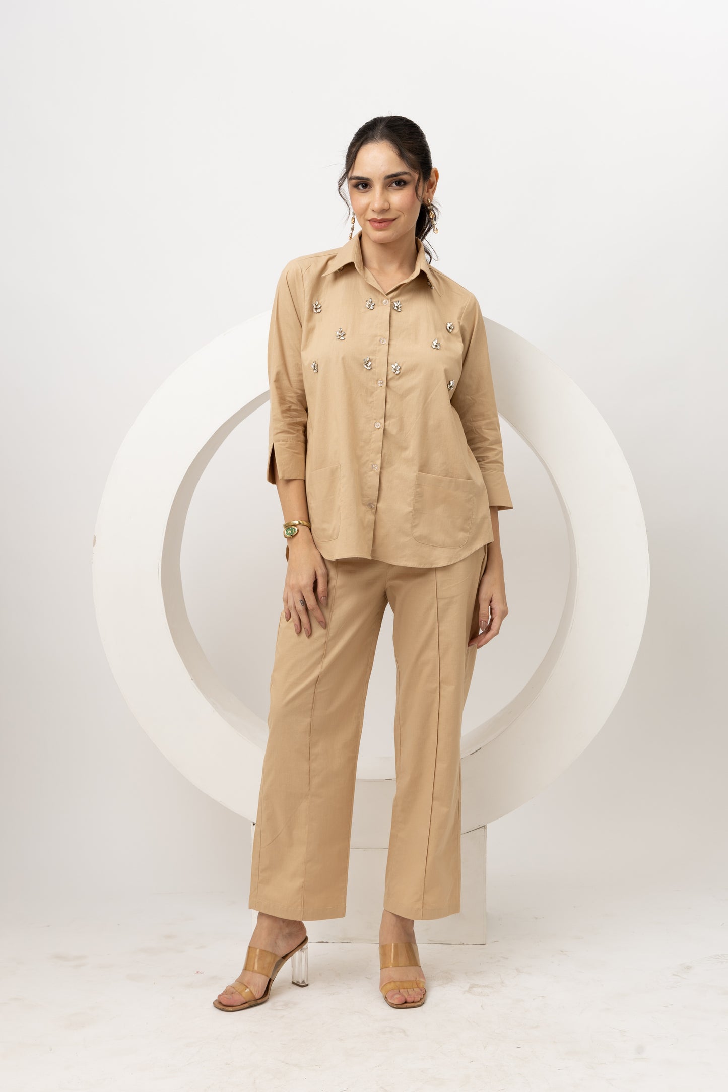 Beige cotton crystal embroidered coords (set of 2)