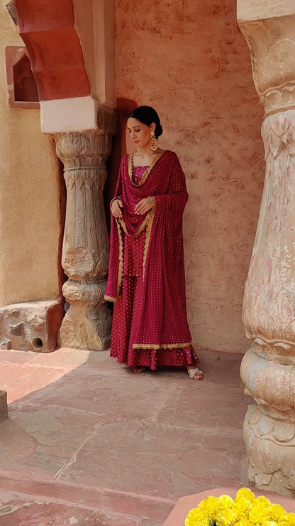 Wine brocade sharara set